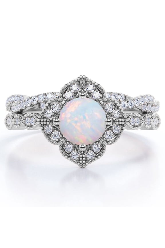 Art-Deco Milgrain Floral Cluster 1.5 Carat Round Shape Rainbow Opal and Moissanite Crossover Pave Bridal Ring Set in 18K White Gold Plating over Silver