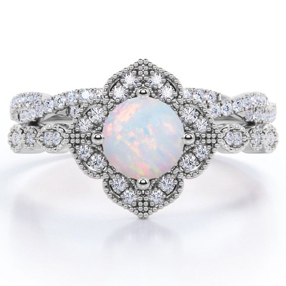JeenMata Art-Deco Milgrain Floral Cluster 1.5 Carat Round Shape Rainbow Opal and Moissanite Crossover Pave Bridal Ring Set in 18K White Gold Plating over Silver