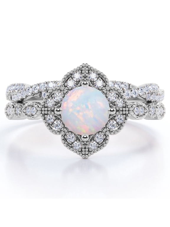Art-Deco Milgrain Floral Cluster 1.5 Carat Round Shape Rainbow Opal and Moissanite Crossover Pave Bridal Ring Set in 18K White Gold Plating over Silver