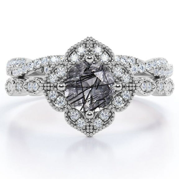 JeenMata Art-Deco Milgrain Floral Cluster 1.5 Carat Round Shape Smoked Black Rutilated Quartz and Moissanite Crossover Pave Bridal Ring Set in 18K White Gold Plating over Silver