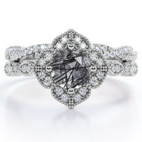 JeenMata Art-Deco Milgrain Floral Cluster 1.5 Carat Round Shape Smoked Black Rutilated Quartz and Moissanite Crossover Pave Bridal Ring Set in 18K White Gold Plating over Silver