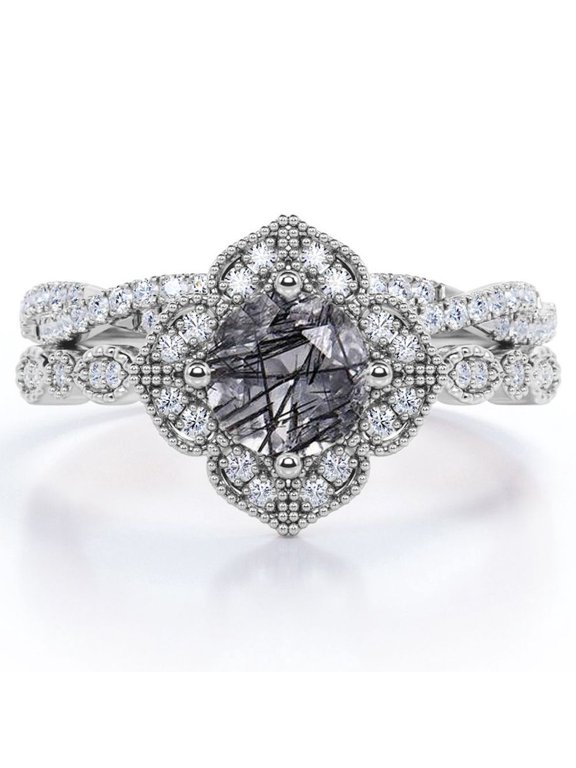 Art-Deco Milgrain Floral Cluster 1.5 Carat Round Shape Smoked Black Rutilated Quartz and Moissanite Crossover Pave Bridal Ring Set in 18K White Gold Plating over Silver