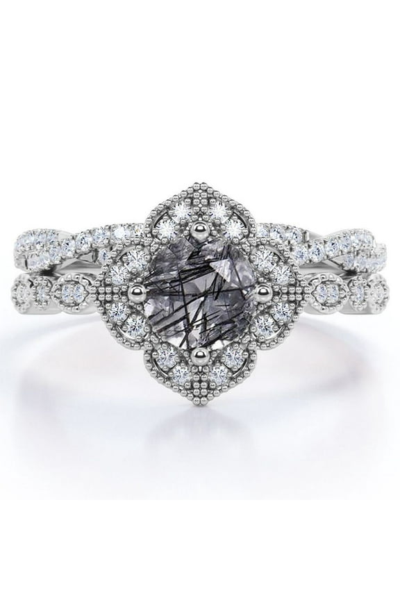 Art-Deco Milgrain Floral Cluster 1.5 Carat Round Shape Smoked Black Rutilated Quartz and Moissanite Crossover Pave Bridal Ring Set in 18K White Gold Plating over Silver