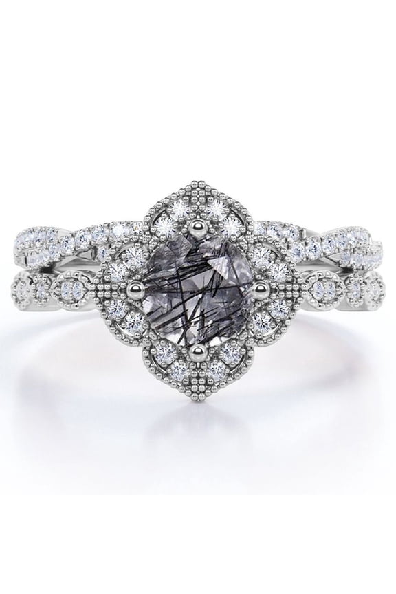 Art-Deco Milgrain Floral Cluster 1.5 Carat Round Shape Smoked Black Rutilated Quartz and Moissanite Crossover Pave Bridal Ring Set in 18K White Gold Plating over Silver