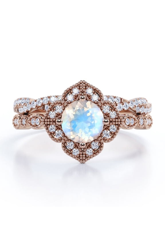 Art-Deco Milgrain Floral Cluster 1.75 Carat Round Shape Rainbow Moonstone and Moissanite Crossover Pave Bridal Ring Set in 18K Rose Gold Plating over Silver
