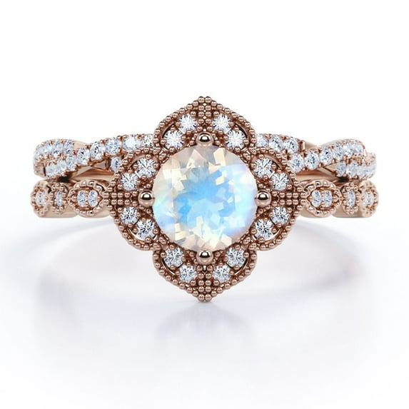 JeenMata Art-Deco Milgrain Floral Cluster 1.75 Carat Round Shape Rainbow Moonstone and Moissanite Crossover Pave Bridal Ring Set in 18K Rose Gold Plating over Silver