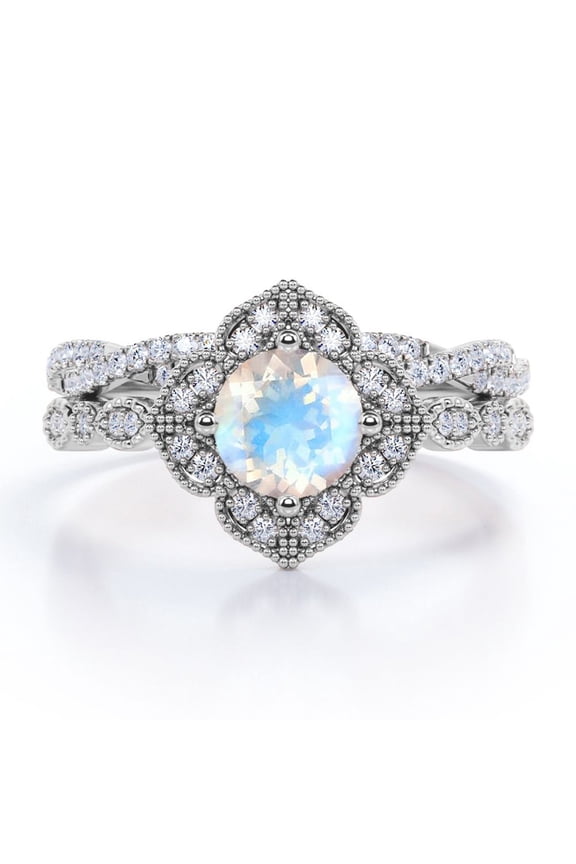 Art-Deco Milgrain Floral Cluster 1.75 Carat Round Shape Rainbow Moonstone and Moissanite Crossover Pave Bridal Ring Set in 18K White Gold Plating over Silver