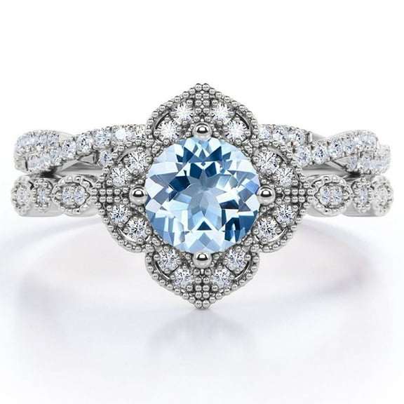 JeenMata Art-Deco Milgrain Floral Cluster 1.75 Carat Round Shape Sky Blue Created Aquamarine and Moissanite Crossover Pave Bridal Ring Set in 18K White Gold Plating over Silver