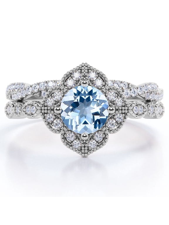 Art-Deco Milgrain Floral Cluster 1.75 Carat Round Shape Sky Blue Created Aquamarine and Moissanite Crossover Pave Bridal Ring Set in 18K White Gold Plating over Silver