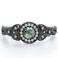thumbnail image 1 of JeenMata Art Deco Twisted Shank 0.58 Carat Round Cut Natural Transparent Moss Green Agate and Moissanite Milgrain Halo Engagement Ring in 18K Black Gold Plating over Silver, 1 of 6