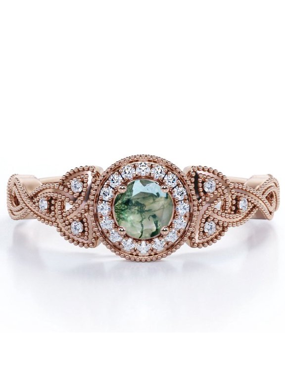 Art Deco Twisted Shank 0.58 Carat Round Cut Natural Transparent Moss Green Agate and Moissanite Milgrain Halo Engagement Ring in 18K Rose Gold Plating over Silver