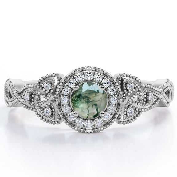 JeenMata Art Deco Twisted Shank 0.58 Carat Round Cut Natural Transparent Moss Green Agate and Moissanite Milgrain Halo Engagement Ring in 18K White Gold Plating over Silver