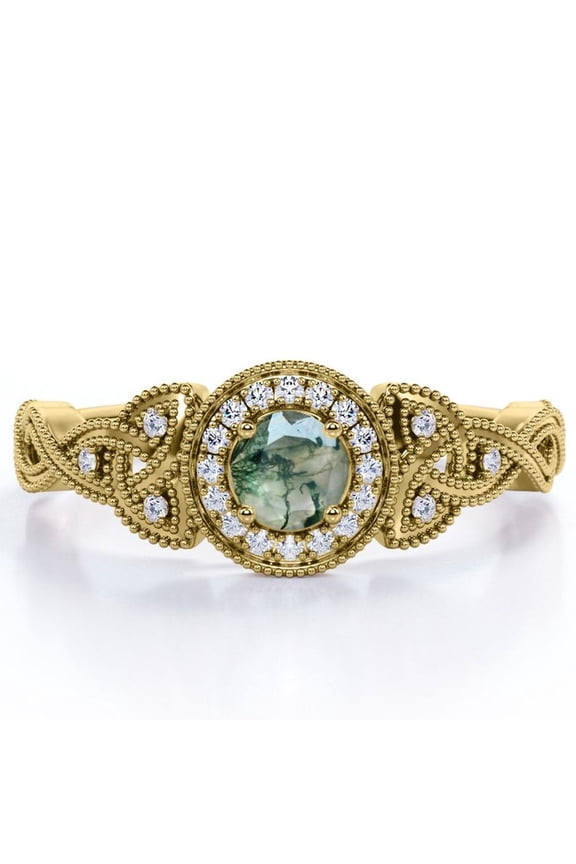 Art Deco Twisted Shank 0.58 Carat Round Cut Natural Transparent Moss Green Agate and Moissanite Milgrain Halo Engagement Ring in 18K Yellow Gold Plating over Silver