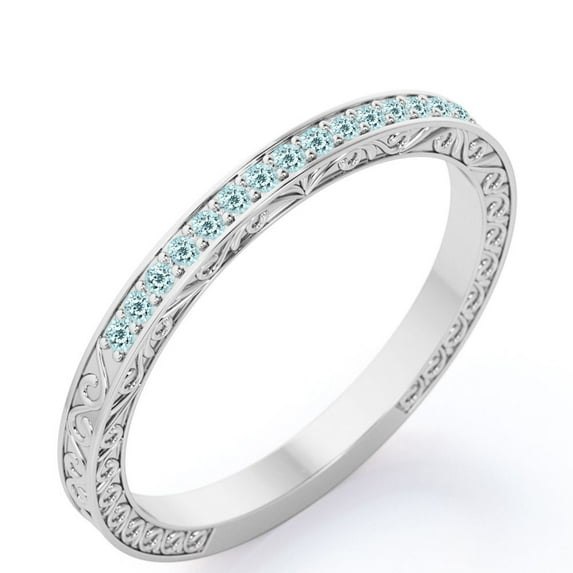 JeenMata Art-Deco 0.25 Carat March Birthstone Victorian Style Round Cut Wedding Band in 18K White Gold Plating for Women