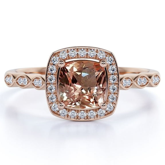 JeenMata ArtDeco 1.5 Carat Cushion cut created morganite and Moissanite Engagement Ring in 18k Gold Over Sterling Silver