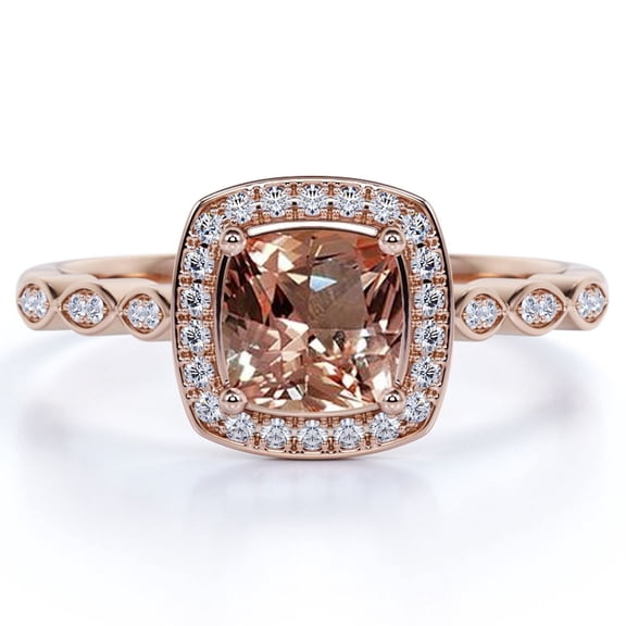 JeenMata ArtDeco 1.5 Carat Cushion cut created morganite and Moissanite Engagement Ring in 18k Gold Over Sterling Silver