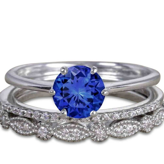 JeenMata Artdeco 1.5 ct - Round Cut Lab Created Blue Sapphire Trio Wedding Bridal Ring Set 18K White Gold over Silver
