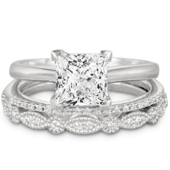 JeenMata Artdeco 1.75 Carat Princess cut Moissanite Trio Wedding Bridal Ring Set in 18k White Gold Over Silver