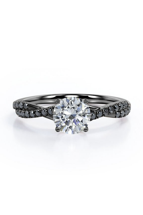 Basket Cathedral - 1 TCW Round Shape Moissanite with Lab Created Black Diamond - Crossover Pave Engagement Ring - 18K Black Gold Plating over Silver