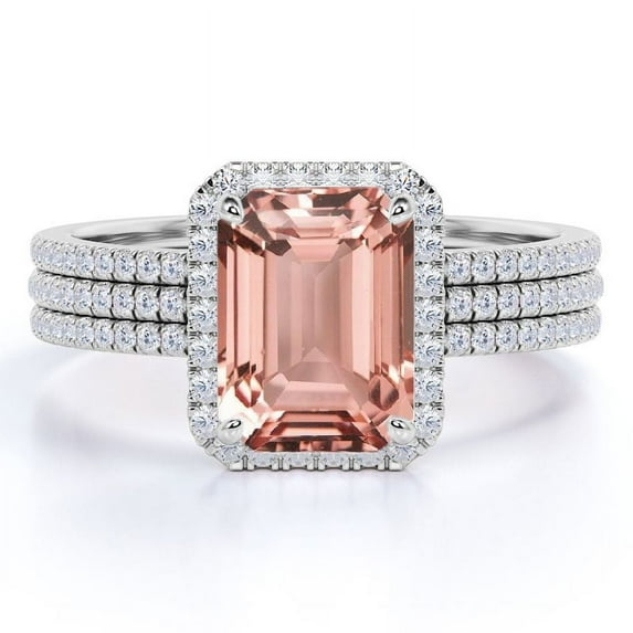 JeenMata Beautiful 1.75 Carat Emerald Cut created morganite and Moissanite Trio Wedding Ring Set in White Gold