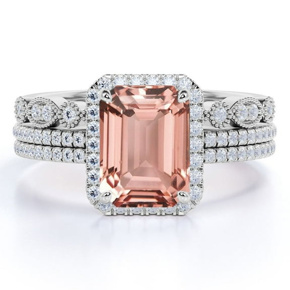 JeenMata Beautiful 1.75 Carat Emerald Cut created morganite and Moissanite Trio Wedding Ring Set in White Gold