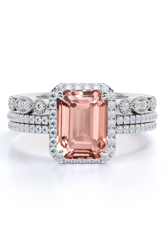 Beautiful 1.75 Carat Emerald Cut created morganite and Moissanite Trio Wedding Ring Set in White Gold