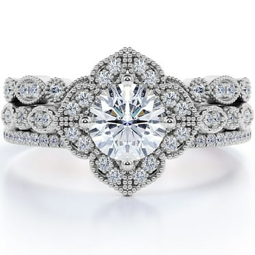 JeenMata Beautiful 1.75 Carat Real Moissanite Wedding Trio Ring Set with Engagement Ring and 2 Wedding Bands in 18k Gold Over Silver