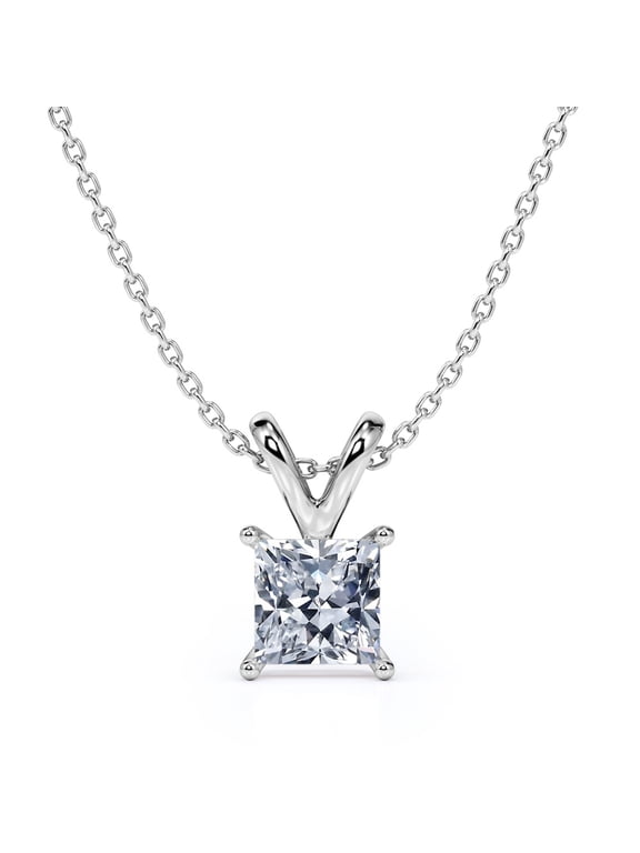 Beautiful 1 Carat Princess Cut Moissanite Pendant Necklace in 18K White Gold Plating over Silver