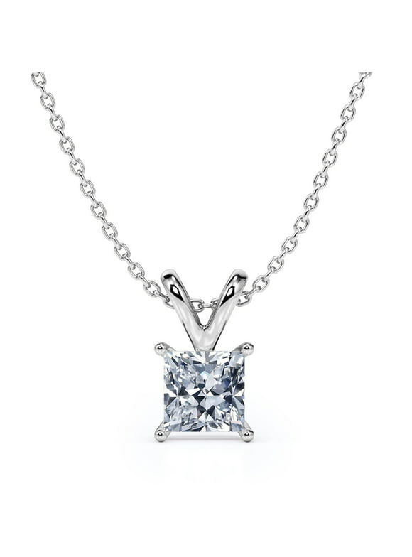 JeenMata Beautiful 1 Carat Princess Cut Moissanite Pendant Necklace in 18K White Gold Plating over Silver