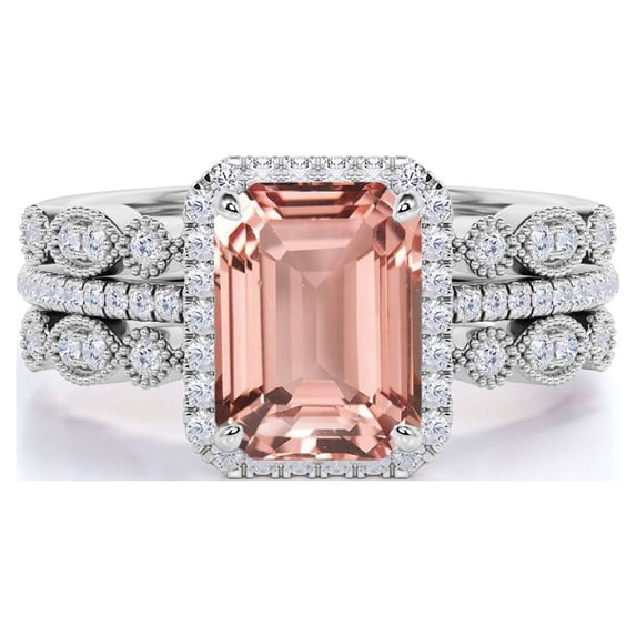 JeenMata Beautiful 2.25 Carat Emerald Cut created morganite and Moissanite Trio Wedding Ring Set in White Gold