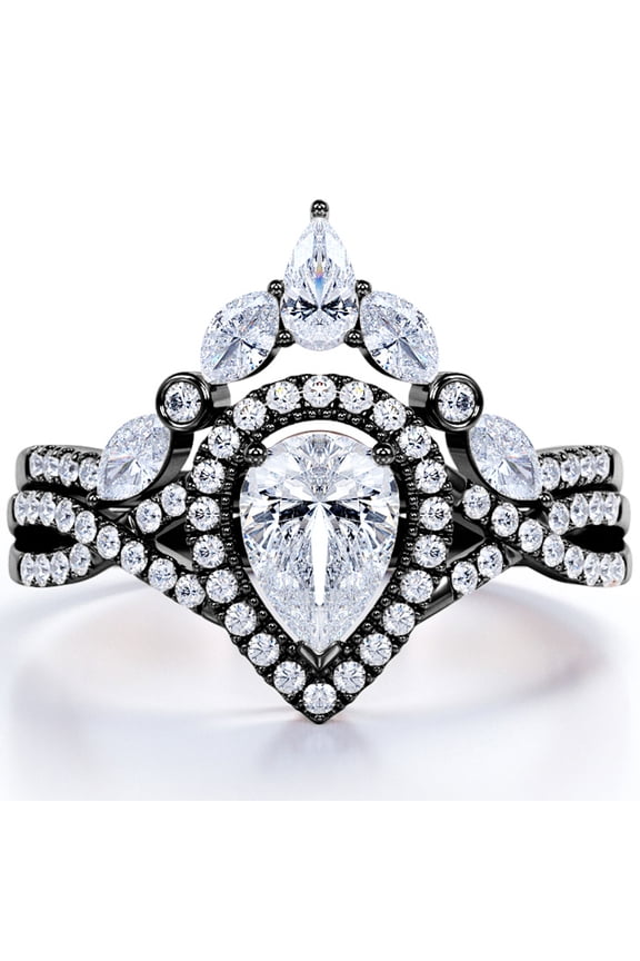 Bezel Cluster Crown - 1.5 Carat Teardrop Moissanite - Pave Twisted Infinity - Halo Bridal Set - 18K Black Gold Plating Over Silver