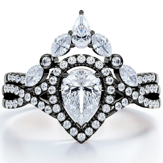 JeenMata Bezel Cluster Crown - 1.5 Carat Teardrop Moissanite - Pave Twisted Infinity - Halo Bridal Set - 18K Black Gold Plating Over Silver