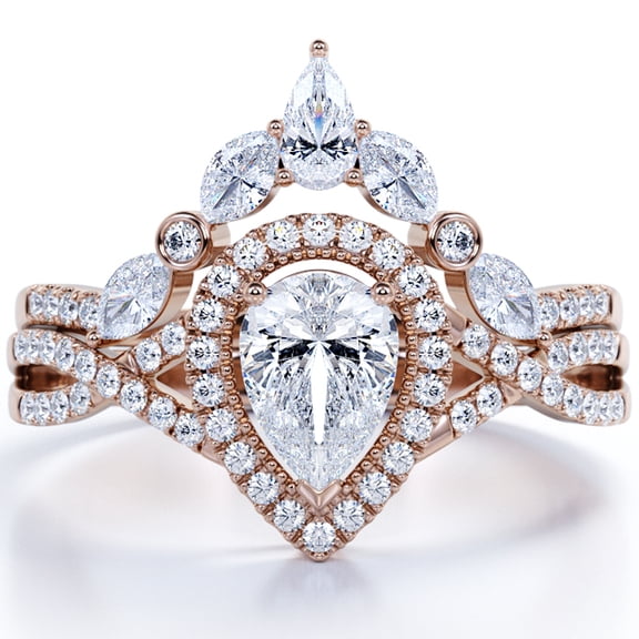 JeenMata Bezel Cluster Crown - 1.5 Carat Teardrop Moissanite - Pave Twisted Infinity - Halo Bridal Set - 18K Rose Gold Plating Over Silver