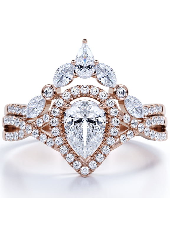 Bezel Cluster Crown - 1.5 Carat Teardrop Moissanite - Pave Twisted Infinity - Halo Bridal Set - 18K Rose Gold Plating Over Silver