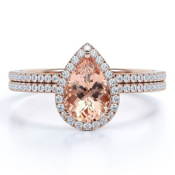 JeenMata Big 1.5 Carat Pear Cut created morganite and Moissanite Bridal Ring Set in Rose Gold