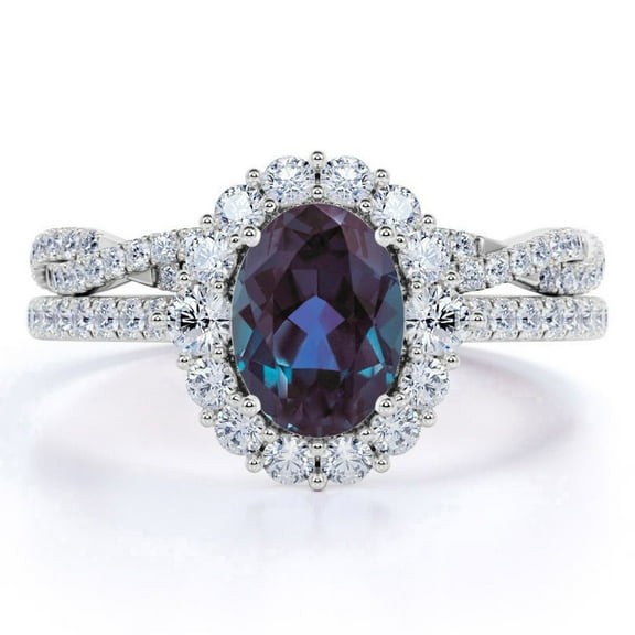 JeenMata Big 2 Carat Oval Cut Lab Created Alexandrite and Moissanite Statement Wedding Ring Set - Infinity Wedding Band - 18k White Gold over Silver