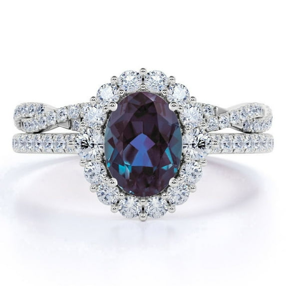 JeenMata Big 2 Carat Oval Cut Lab Created Alexandrite and Moissanite Statement Wedding Ring Set - Infinity Wedding Band - 18k White Gold over Silver