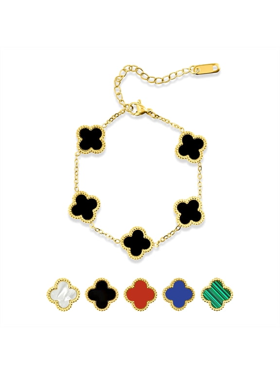 Black Flower Link Bracelet in Yellow Gold Plated