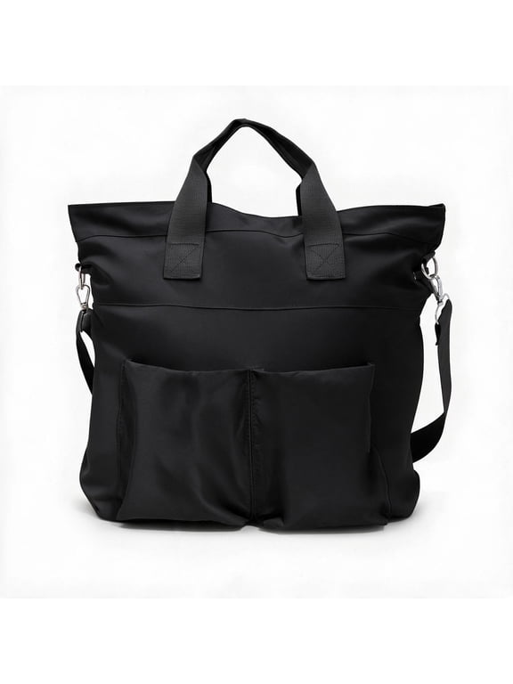 Black Nylon Tote Bag for Women, Crossbody Shoulder Handbag with Adjustable Strap, Water Resistant Casual Travel Bag with 4 Pockets