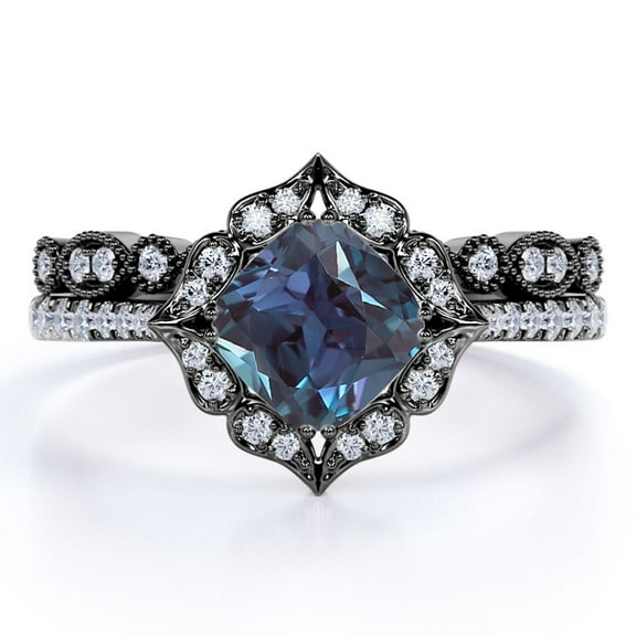 JeenMata Bloom 1.5 Carat Cushion Cut Lab Created Alexandrite and Moissanite Unique Art Deco Wedding Ring Set in 18k Black Gold over Silver