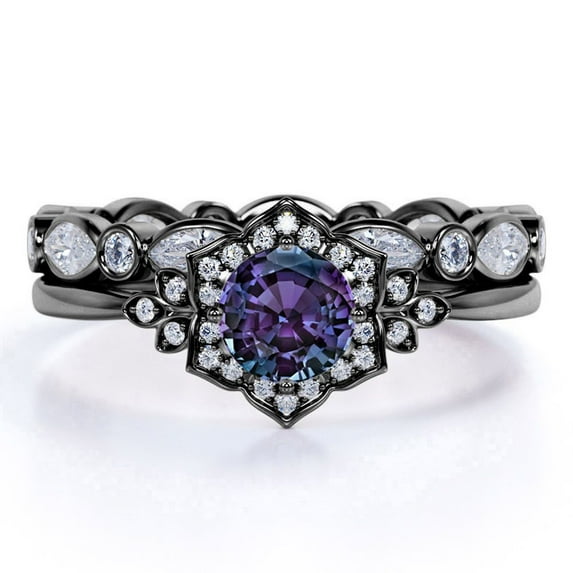 JeenMata Blooming 1.5 Carat Round Cut Lab Created Alexandrite and Moissanite Spring Wedding Ring Set - Eternity Band - 18k Black Gold over Silver