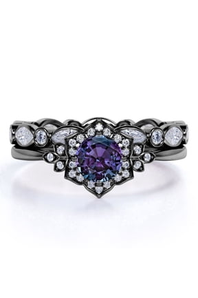 Blooming 1.5 Carat Round Cut Lab Created Alexandrite and Moissanite Spring Wedding Ring Set - Eternity Band - 18k Black Gold over Silver