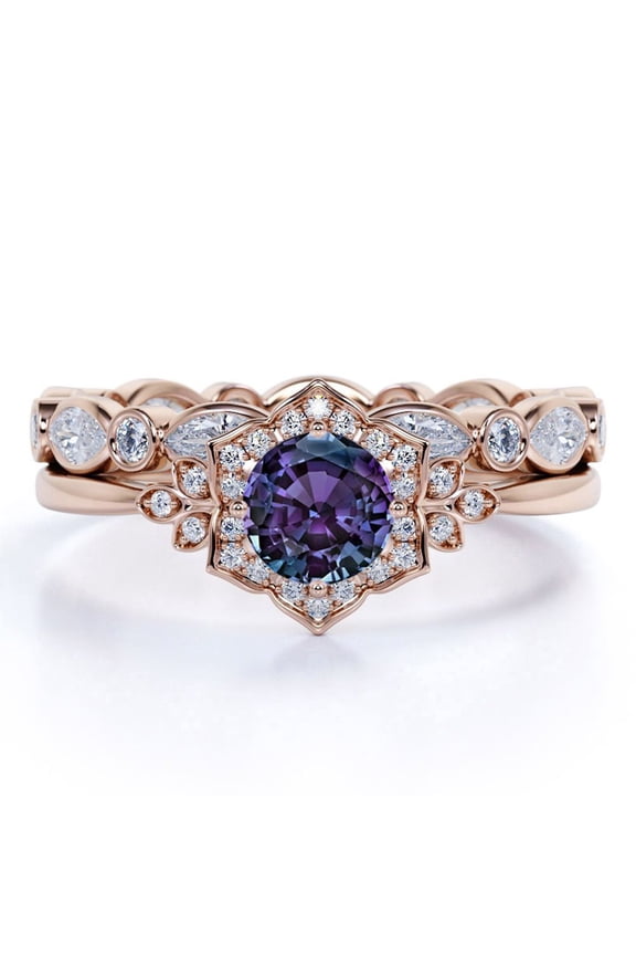 Blooming 1.5 Carat Round Cut Lab Created Alexandrite and Moissanite Spring Wedding Ring Set - Eternity Band - 18k Rose Gold over Silver