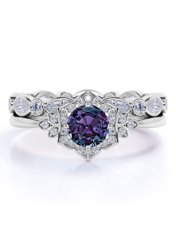 Blooming 1.5 Carat Round Cut Lab Created Alexandrite and Moissanite Spring Wedding Ring Set - Eternity Band - 18k White Gold over Silver