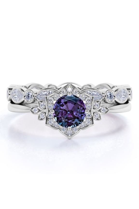 Blooming 1.5 Carat Round Cut Lab Created Alexandrite and Moissanite Spring Wedding Ring Set - Eternity Band - 18k White Gold over Silver