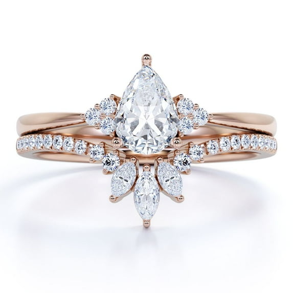JeenMata Bohemian Cluster pear Shaped Real Diamond Unique Wedding Ring Set in 10k Rose Gold