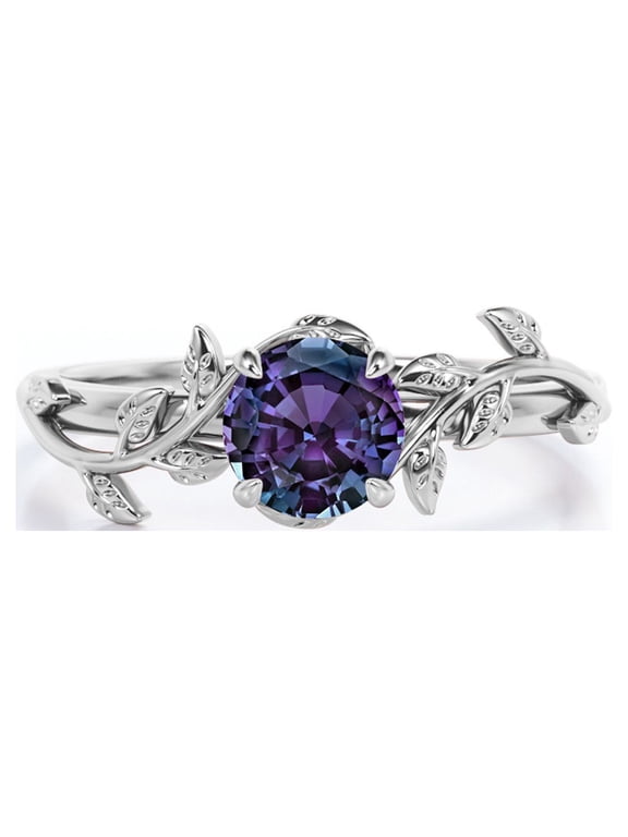 Bohemian Design 0.50 Carat Round Cut Lab Created Alexandrite Solitaire Engagement Ring in 18K White Gold Plating over Silver