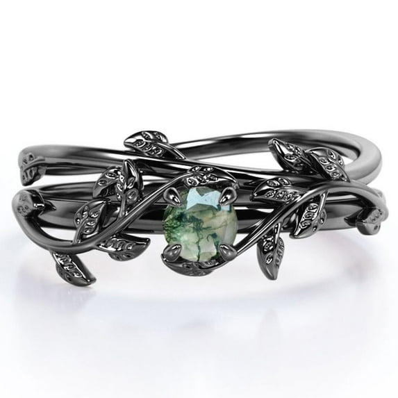 JeenMata Botanical Design 0.50 Carat Round Shape Natural Scenic Moss Green Agate Solitaire Wedding Ring Set in 18K Black Gold Plating over Silver
