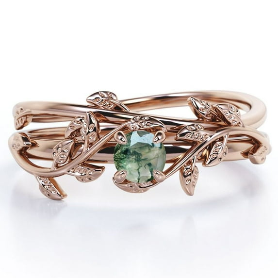 JeenMata Botanical Design 0.50 Carat Round Shape Natural Scenic Moss Green Agate Solitaire Wedding Ring Set in 18K Rose Gold Plating over Silver