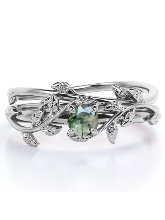 Botanical Design 0.50 Carat Round Shape Natural Scenic Moss Green Agate Solitaire Wedding Ring Set in 18K White Gold Plating over Silver
